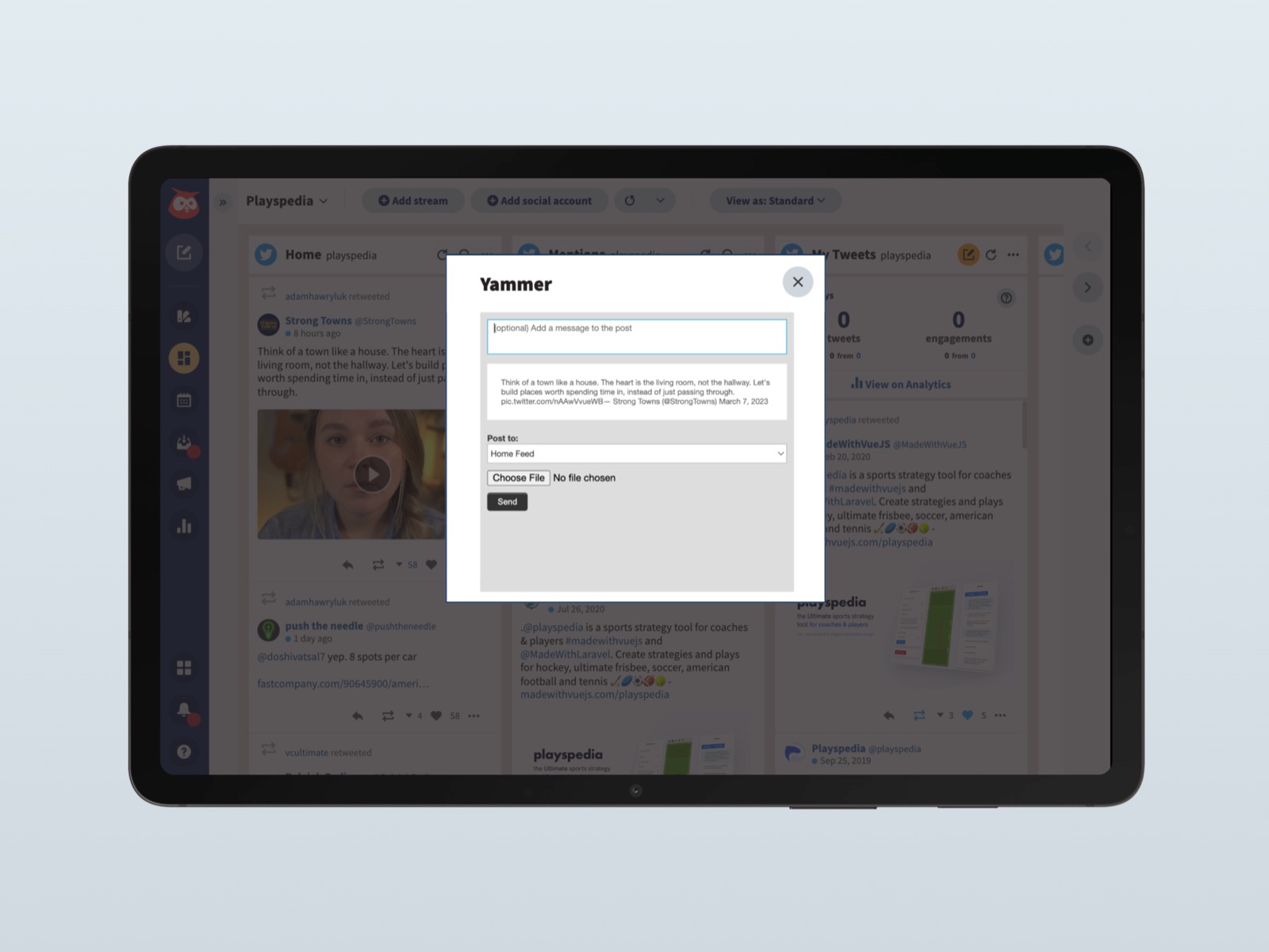 Posting to Yammer from the Hootsuite dashboard on a tablet