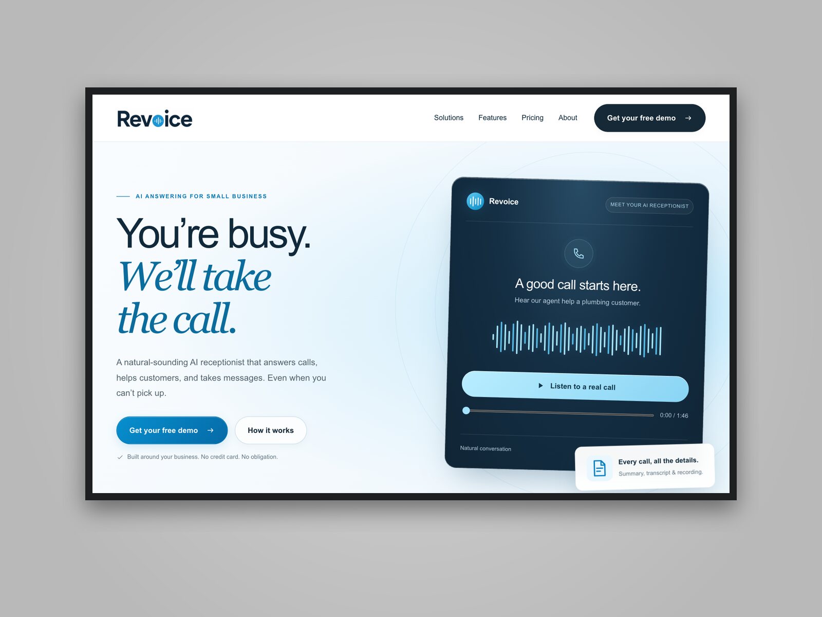 The Revoice home page with a recording of a real call