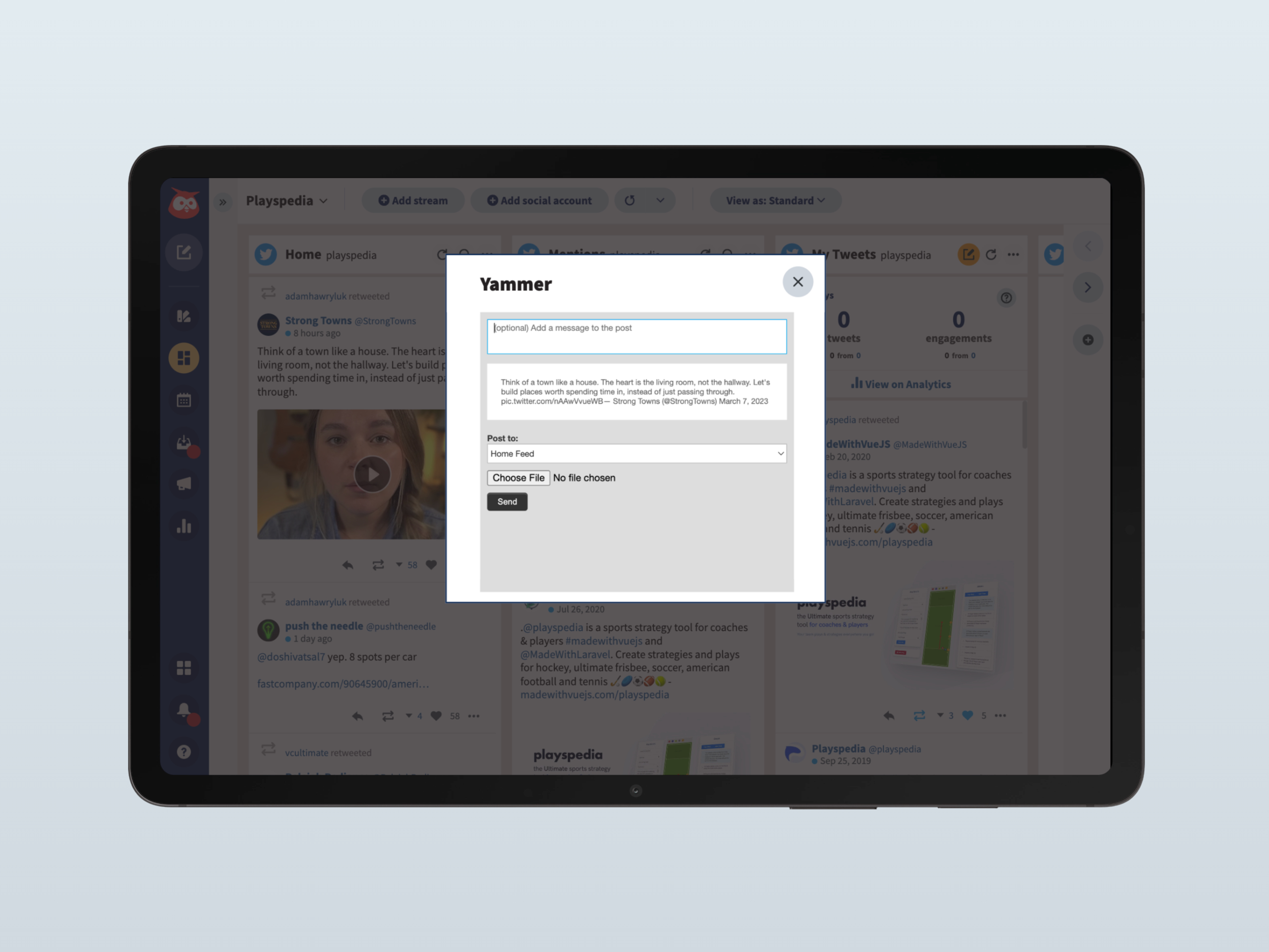 Hootsuite Yammer integration showing stream and posting