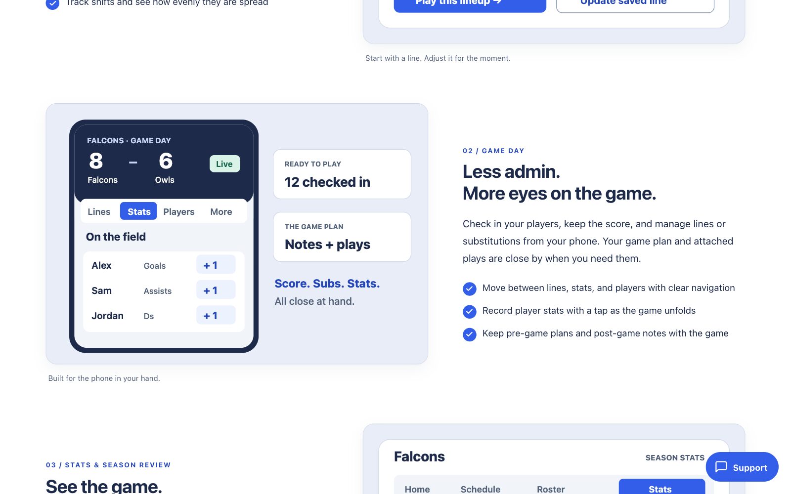 Playspedia’s game day screen showing the score, players on the field and quick stat buttons