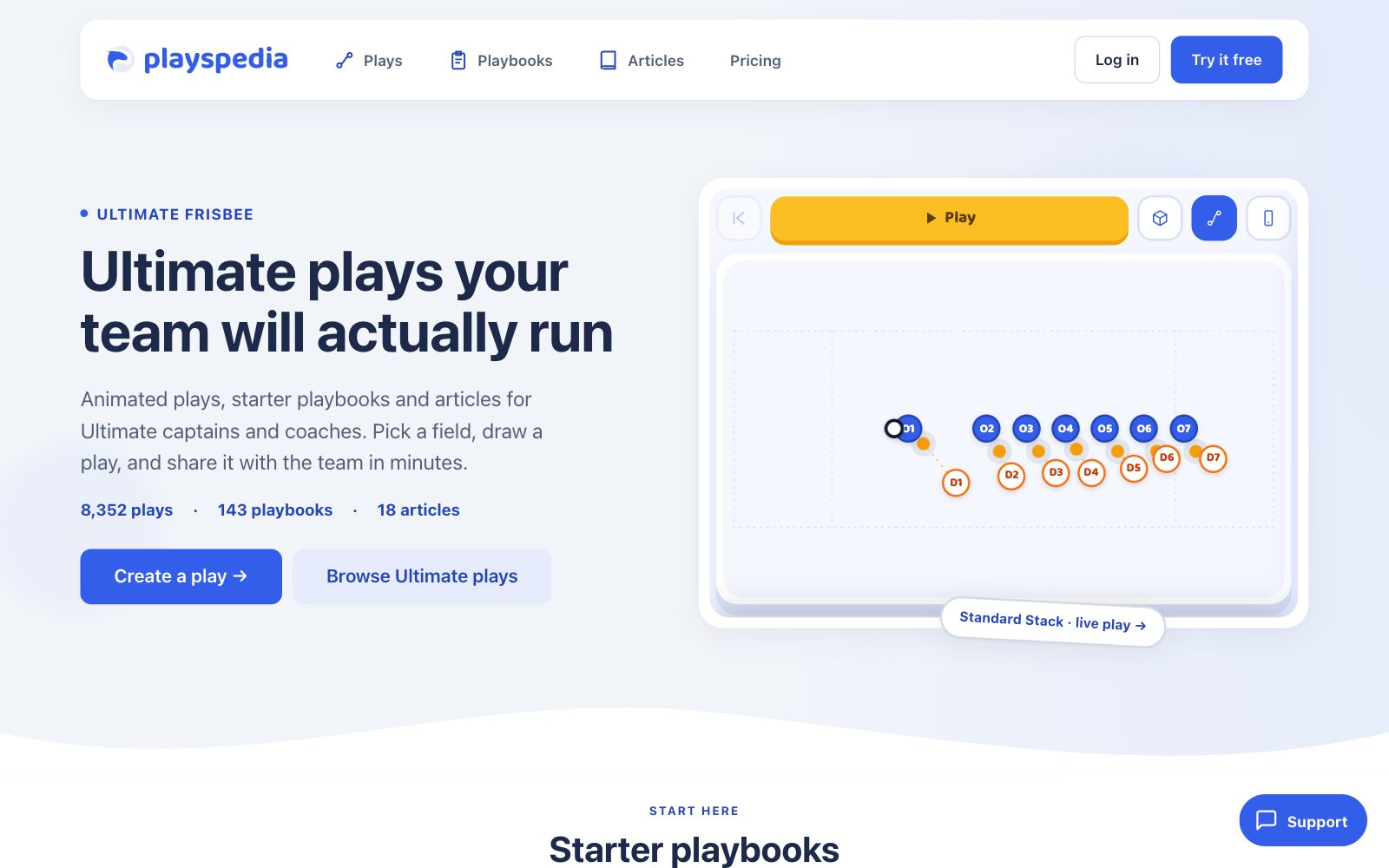 Playspedia’s Ultimate frisbee page with animated plays, starter playbooks and articles