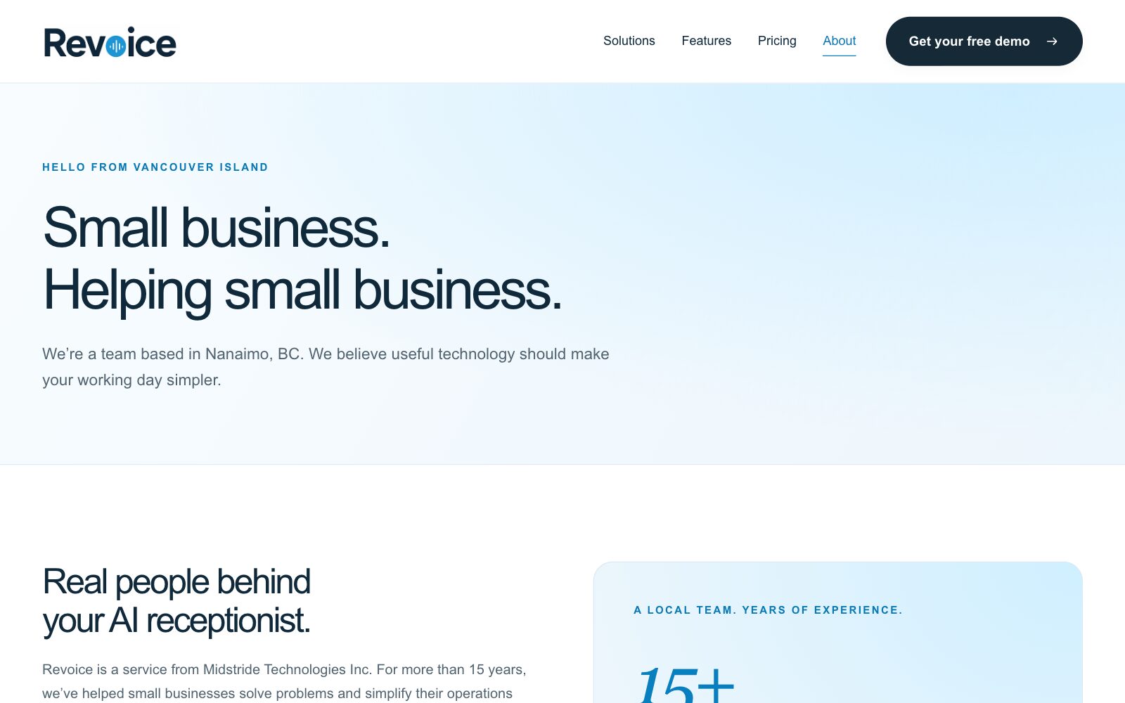 The Revoice about page: small business helping small business, from a team in Nanaimo, BC
