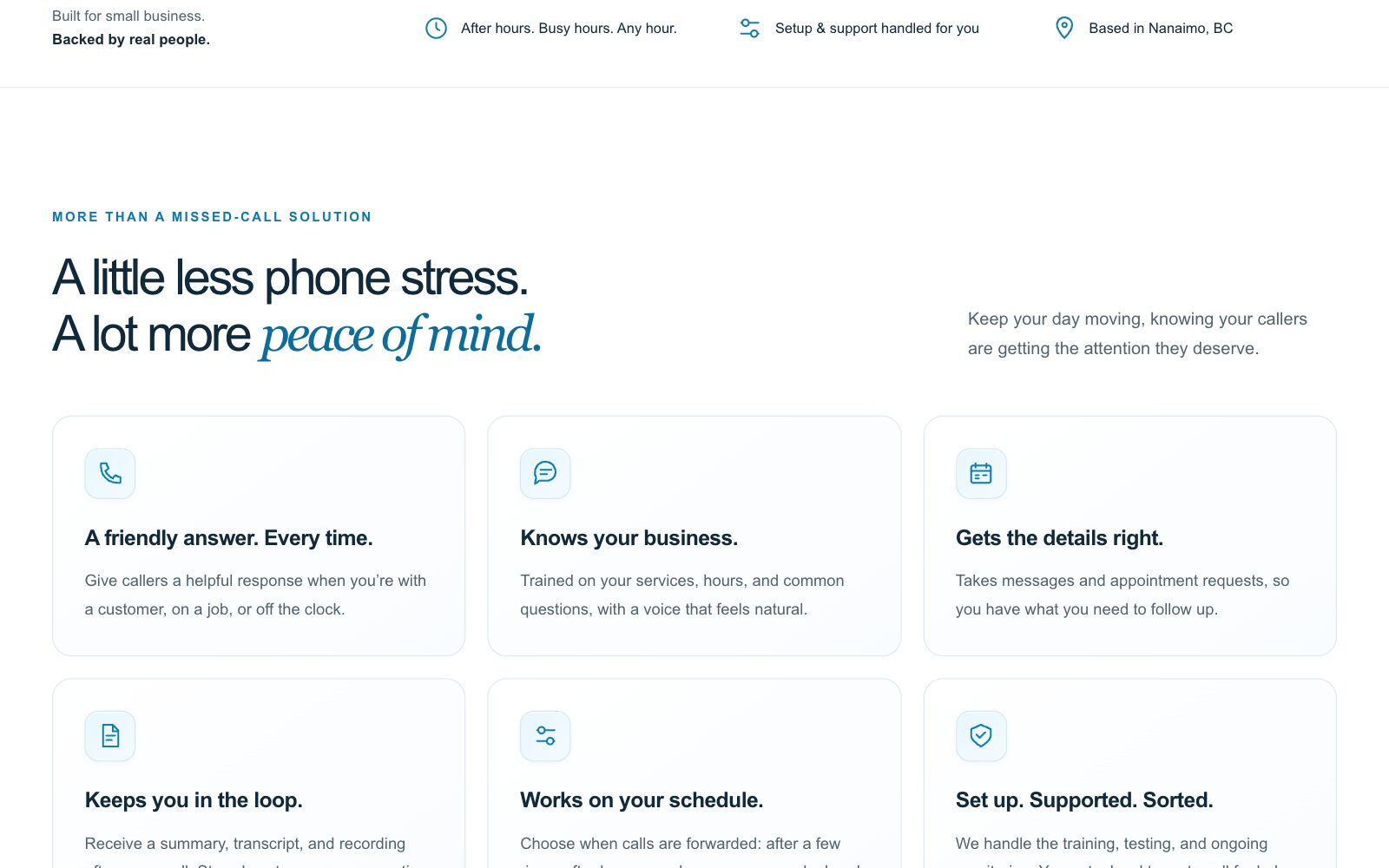 Six Revoice features: a friendly answer, knows your business, gets the details right, keeps you in the loop, works on your schedule, set up and supported